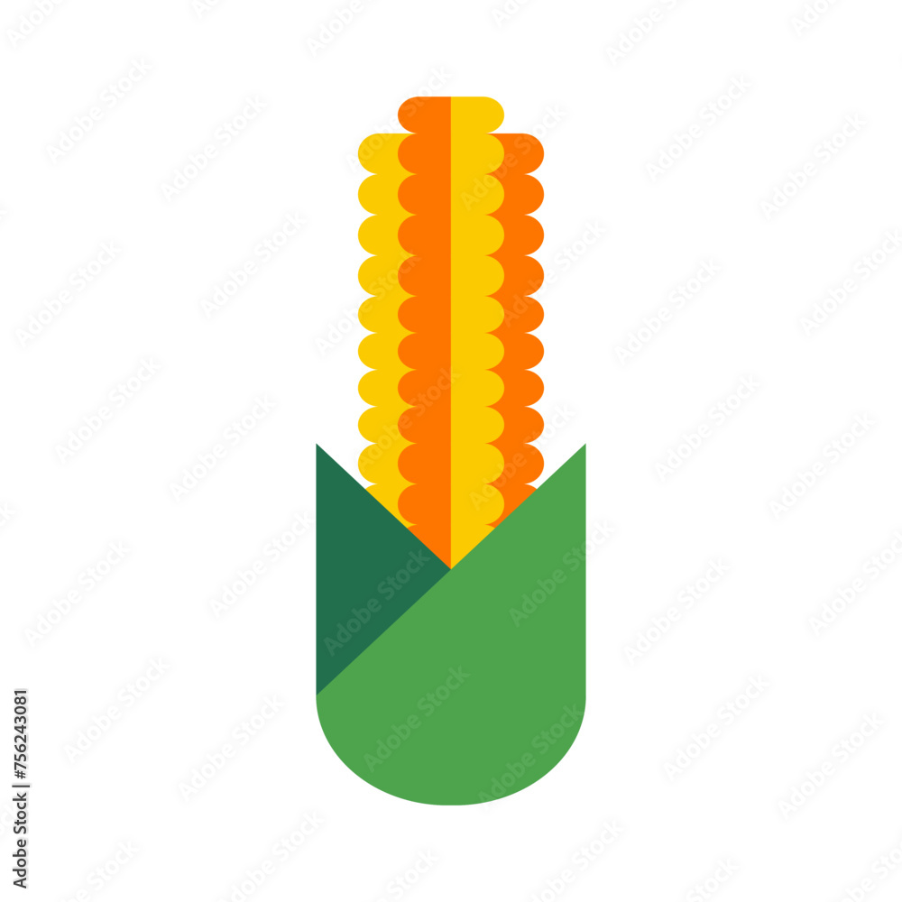 Obraz premium Corn on the cob abstract vector illustration on white. Maize sign in flat geometric style for emblem, logo, icon. Vegetable illustration for farm market menu. Healthy food concept. Fresh food