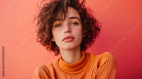 Attractive woman with short curly hair and banner 