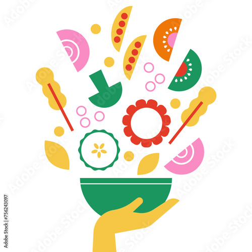 Hand holding a salad bowl. Fresh ingredients for a salad falling into the bowl. Salad bar for healthy meal. Vegetarian dish. Organic food. Healthy food flat vector illustration. Poke bowl. Veggie