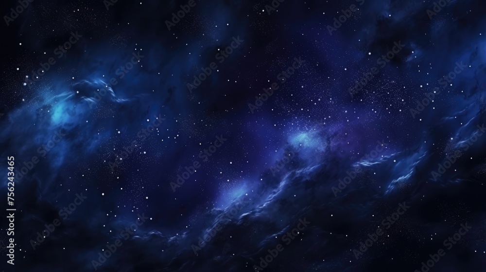 A breathtaking view of a celestial nebula set against the vast darkness of deep space, with swirling blue clouds intermingled with a tapestry of distant stars