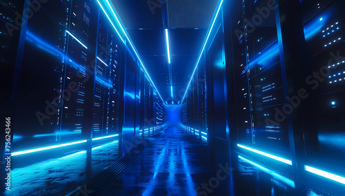 data center server room with blue lights