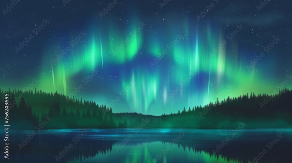 This enchanting digital illustration depicts the Northern Lights weaving a tapestry of light over a serene pine forest, a tribute to Earth's mystical nightscapes.