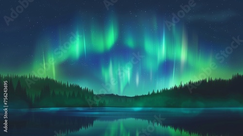 This enchanting digital illustration depicts the Northern Lights weaving a tapestry of light over a serene pine forest  a tribute to Earth s mystical nightscapes.