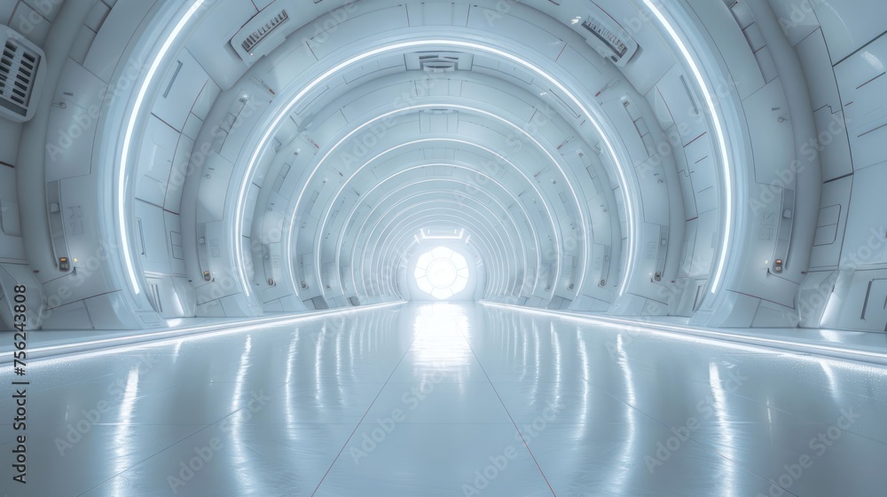 Space. futuristic interior spaceship corridor with glowing white light background, abstract sci-fi background or science concept Space. futuristic interior spaceship corridor with glowing white light background, abstract sci-fi background or science concept