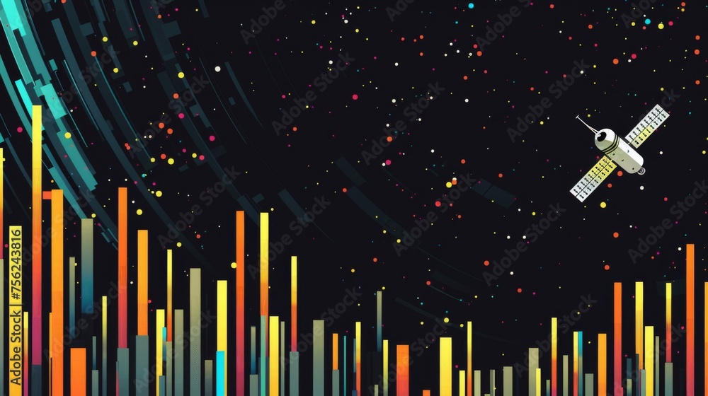A stylized, abstract representation of a satellite orbiting over a colorful geometric cityscape against a starry space backdrop. A stylized, abstract representation of a satellite orbiting over a colorful geometric cityscape against a starry space backdrop.