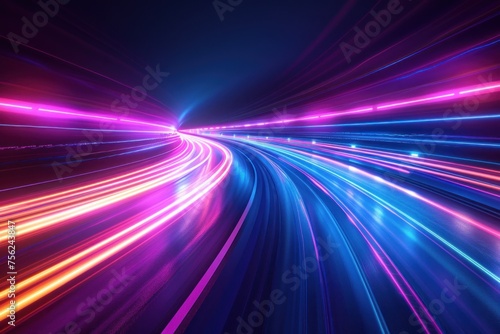 Network. futuristic highway in city at night with bright blue and purple neon light background, high speed technology line with dynamic light effect, internet network concept