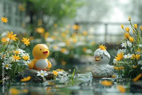 Duck and Duckling Swimming in Pond