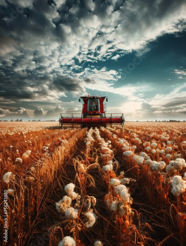 Red Tractor Driving Through Cotton Field photo