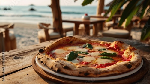 The golden hour casts a warm glow on a classic Margherita pizza, served beachside with a view of the serene ocean, inviting a moment of joy and the simple pleasures of a meal in paradise.