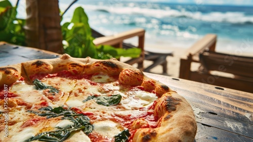 Fototapeta Naklejka Na Ścianę i Meble -  A scrumptious Margherita pizza awaits on a rustic table, with the ocean's waves providing a rhythmic soundtrack, creating an idyllic setting for a beachfront gastronomic journey.