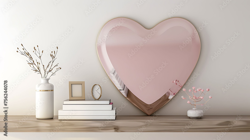 Heart shape mockup photo frame glass border, on book shelf in modern living room, 3d render