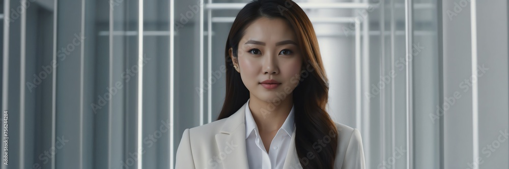 Portrait of asian businesswoman on white abstract tech concept background, banner template background mockup illustration from Generative AI Portrait of asian businesswoman on white abstract tech concept background, banner template background mockup illustration from Generative AI