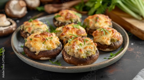 A harmonious display of golden-brown stuffed mushrooms adorned with bubbling cheese and finely chopped chives, set on an earthy-toned plate against a dark, textured backdrop.