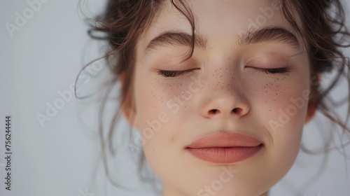 Beautiful young woman with closed eyes and clean skin on a white background photo