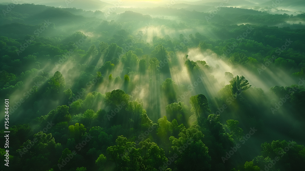 A foggy morning in a lush green forest with rays of sunlight piercing through the dense canopy of trees, creating a mystical atmosphere. A foggy morning in a lush green forest with rays of sunlight piercing through the dense canopy of trees, creating a mystical atmosphere.