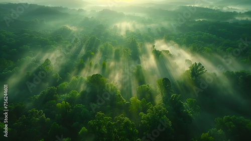 A foggy morning in a lush green forest with rays of sunlight piercing through the dense canopy of trees, creating a mystical atmosphere. © feeling lucky