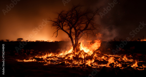 a fire burns in the distance in a burned field