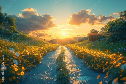 Sun Setting Over Field of Flowers