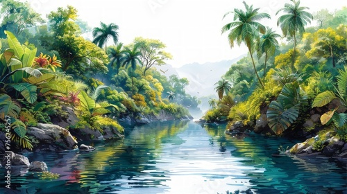 Tropical River Scene in Dense Jungle with Exotic Birds Generative AI