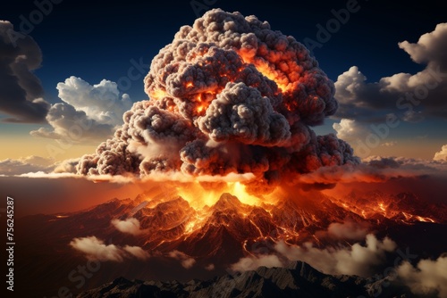 Apocalyptic nuclear explosion on planetary surface, massive mushroom cloud, fiery light, shockwaves