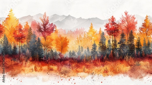 Vibrant Autumn Watercolor Forest Landscape Generative AI