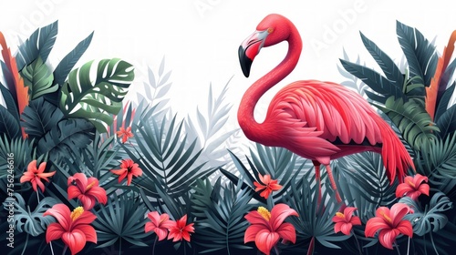 Tropical Flat Style Illustration of Flamingo in Jungle Generative AI