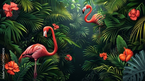 Tropical Flat Style Illustration of Flamingo in Jungle Generative AI