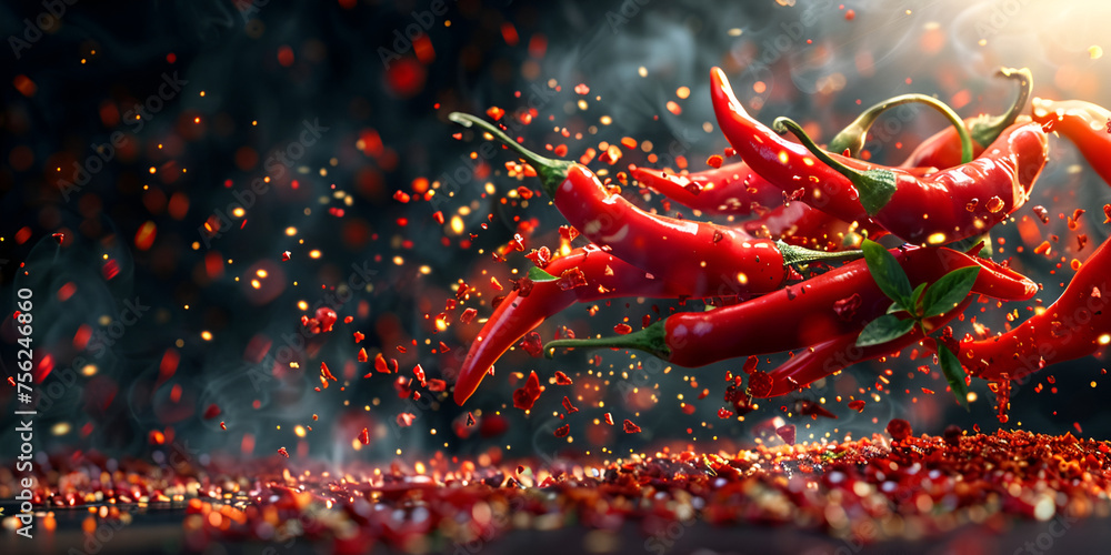 flying hot red chili pepper on a dark background, fresh red hot chillies with chilli flakes - obrazy, fototapety, plakaty 