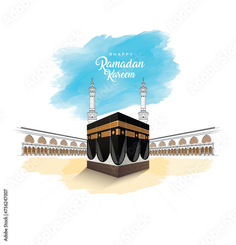 illustration of Ramadan Kareem  greetings for Islam religious festival Eid with freehand sketch Mecca Holy Kaaba in Mecca Saudi Arabia