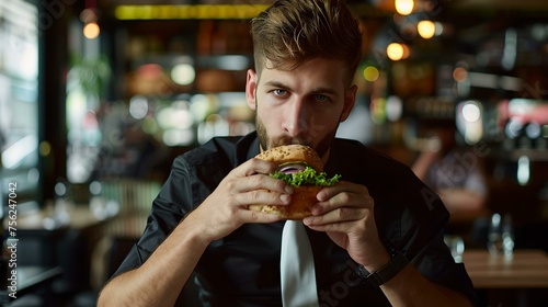 Young man enjoying a gourmet burger in a stylish pub. casual dining and urban lifestyle conceptualized. trendy eatery scene captured. AI