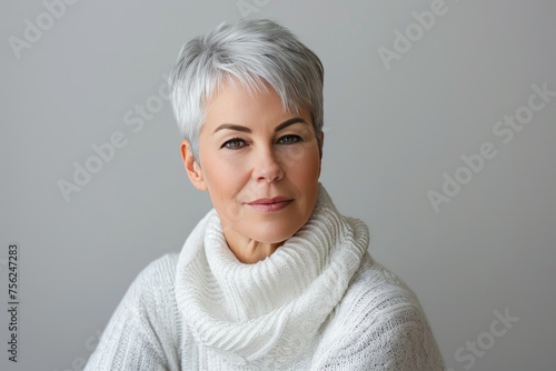 Elderly beautiful woman with gray short cut hair. Old model in white knitted sweater poses on light gray background.