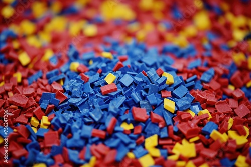 Multicolored polymer shredded granules made from recycled plastic.