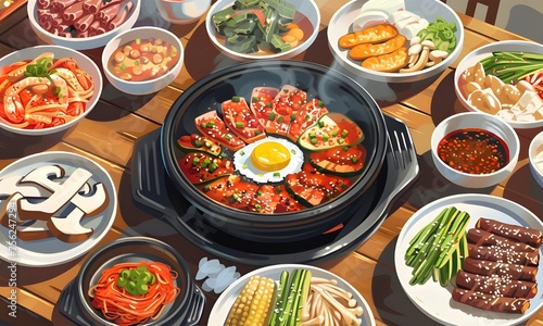 Top view Korean traditional foods set, Assortment of Korean traditional dishes on the table, Asian food.