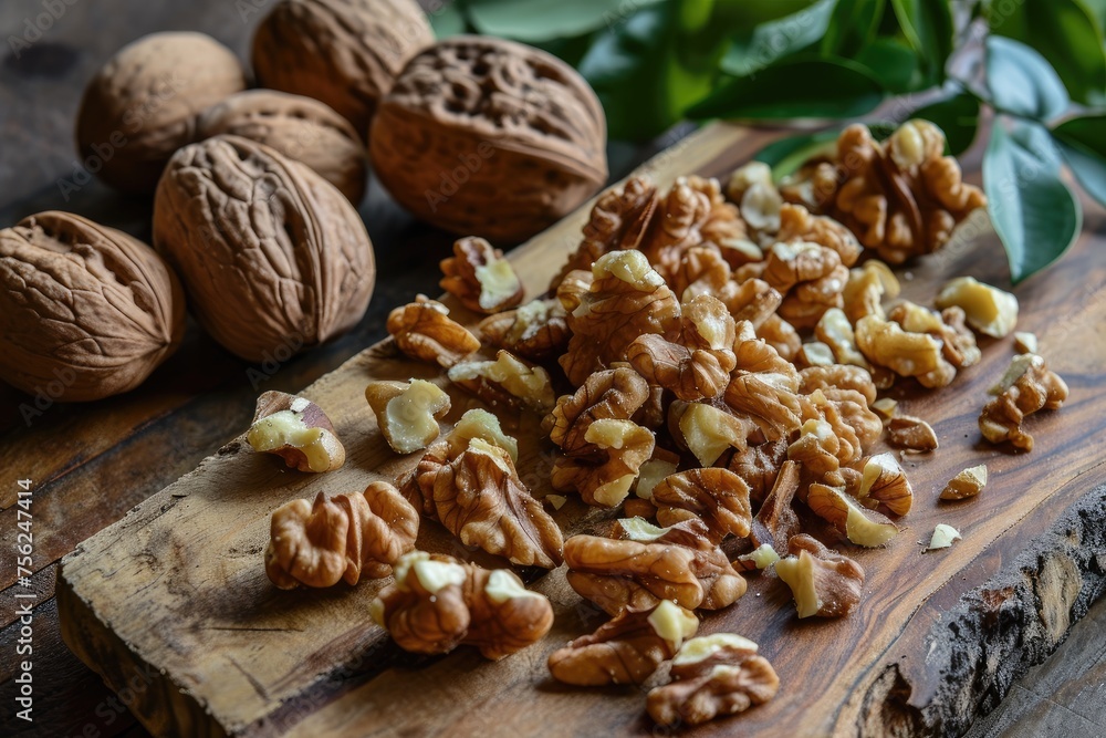 Walnuts whole unpeeled and cracked peeled on a wooden board on a rustic table. Walnuts whole unpeeled and cracked peeled on a wooden board on a rustic table.