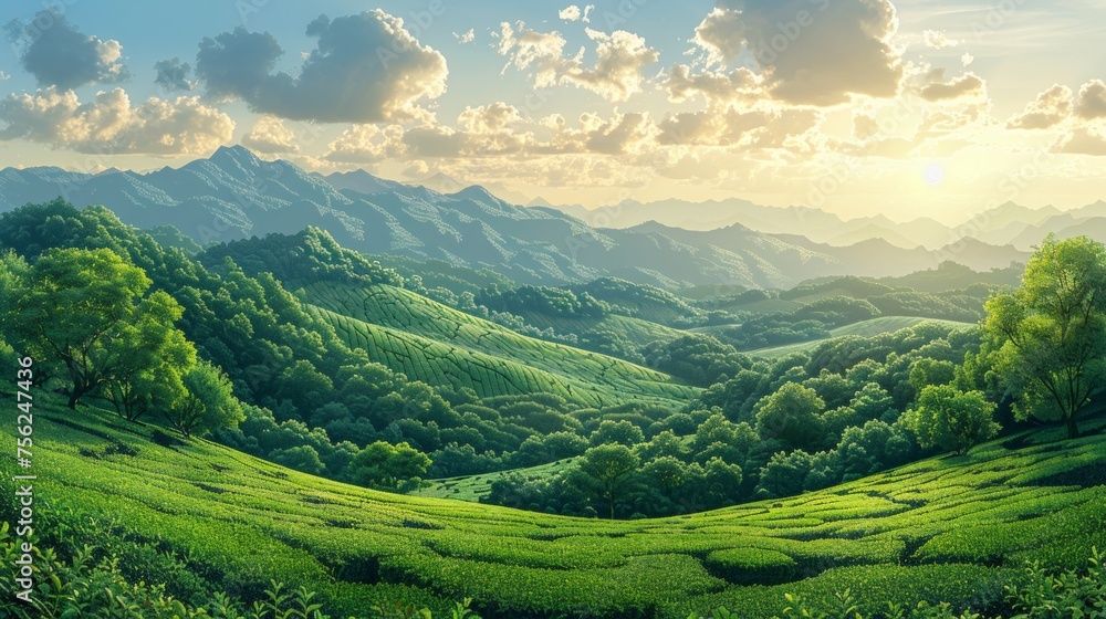 Tranquil Terraced Green Tea Plantation in Rural Farmland Generative AI