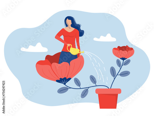 self-improvement concept,Woman in flowerpot watering herself and a healthy lifestyle. personal development, professional growth Vector illustration.