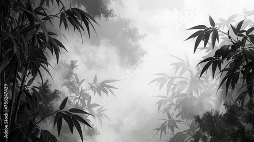 Mystical Bamboo Forest with Fog and Silhouettes Generative AI