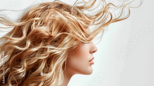 Curly hair blonde woman with long beautiful hairstyle and beauty lashes isolated on white 