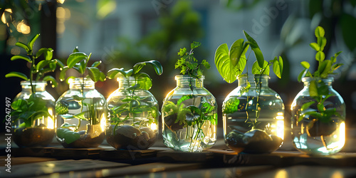 Many green plants in test tubes, A row of hanging herbs and herbs hanging from a wooden beam