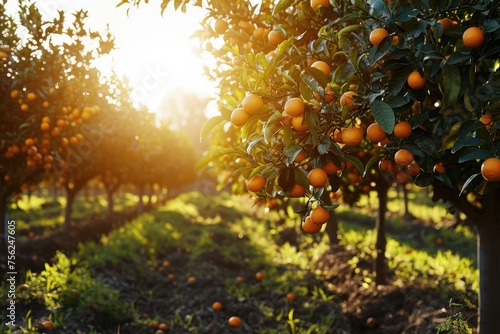 A ripe crop of citrus fruits on a farm on a summer day. A garden of orange trees at sunset.