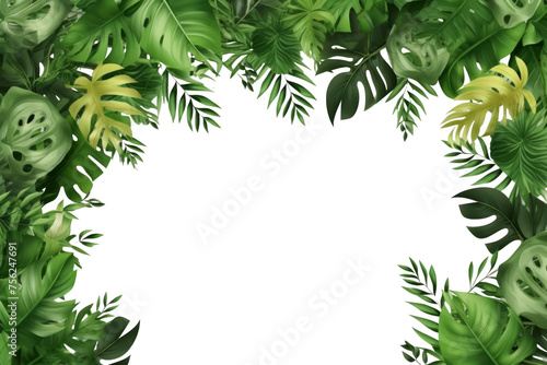 Border frame of green tropical leaves on transparent background