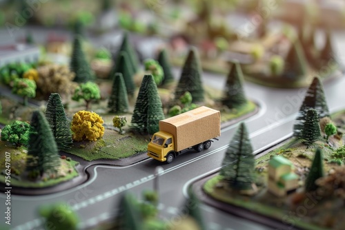 Toy Truck Driving Down Road Surrounded by Trees