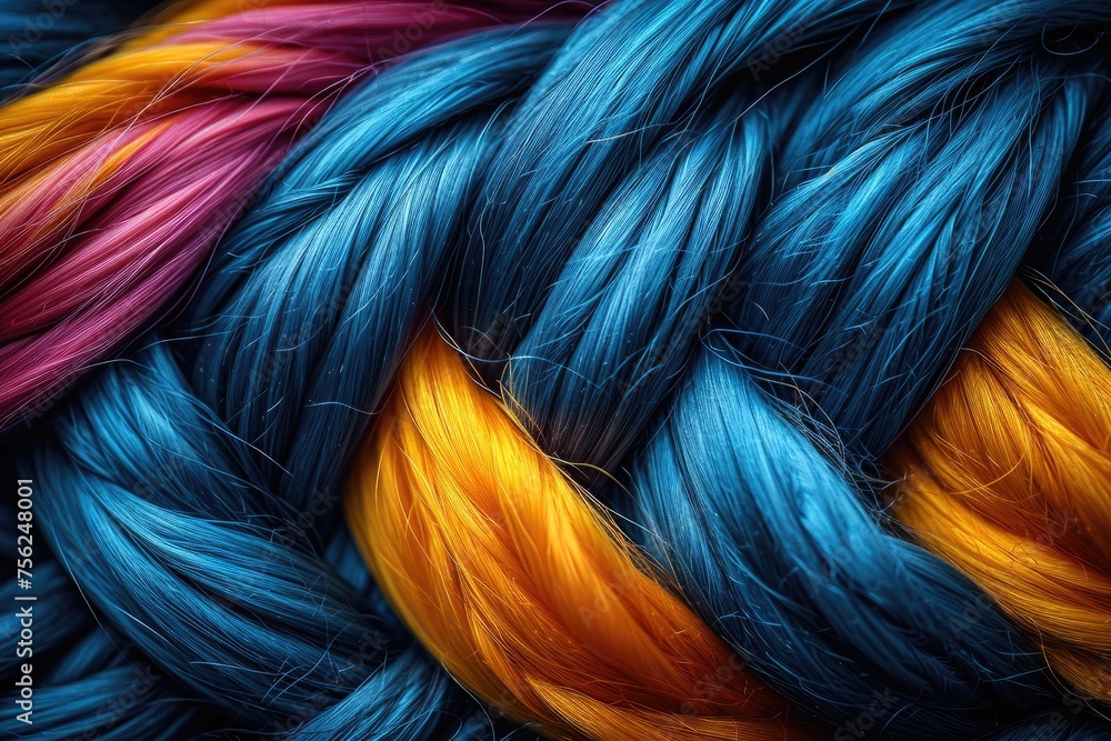 Thick strands of blue, orange and pink colors are woven into a braid. Abstract background, multicolored rope texture.