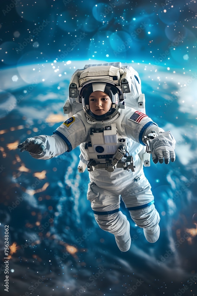 Chinese Boy Floating in Space with Earth in the Background, To showcase the beauty of space and human achievement, with a focus on the young Chinese