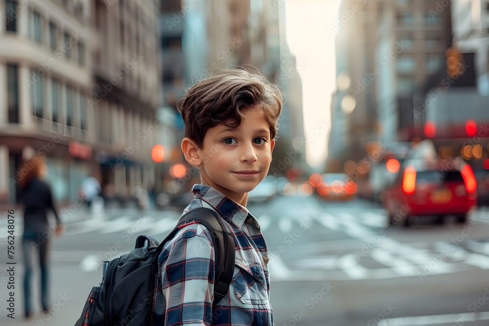 Curious Boy at New York City Intersection, To convey the energy and excitement of a young boy exploring a vibrant city Curious Boy at New York City Intersection, To convey the energy and excitement of a young boy exploring a vibrant city