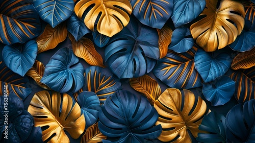 Golden Tropical Leaves Wall Art Design with Dark Blue and Green Colors Generative AI