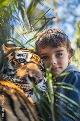 Boy Posing with Tiger Friend at the Zoo, To highlight the unique connection between a child and a wild animal, promoting conservation and protection
