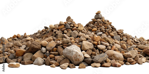 Piles of various-sized rocks and pebbles creating a natural, rugged landscape isolated. Concept for outdoor scenes, nature textures, and geological visuals.