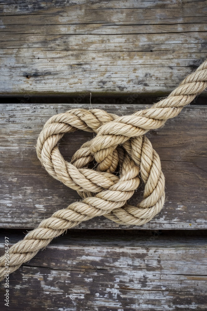 A knot of nautical rope on the wooden deck of a ship. An old mooring rope is tangled into a secure knot. A knot of nautical rope on the wooden deck of a ship. An old mooring rope is tangled into a secure knot.