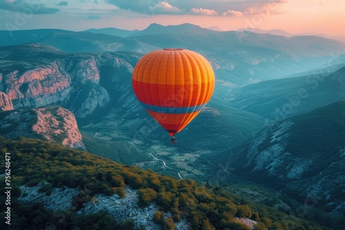 A large hot air balloon filled with hot air flies through a starry sky. Travelers in a suspended basket see a mountainous landscape.